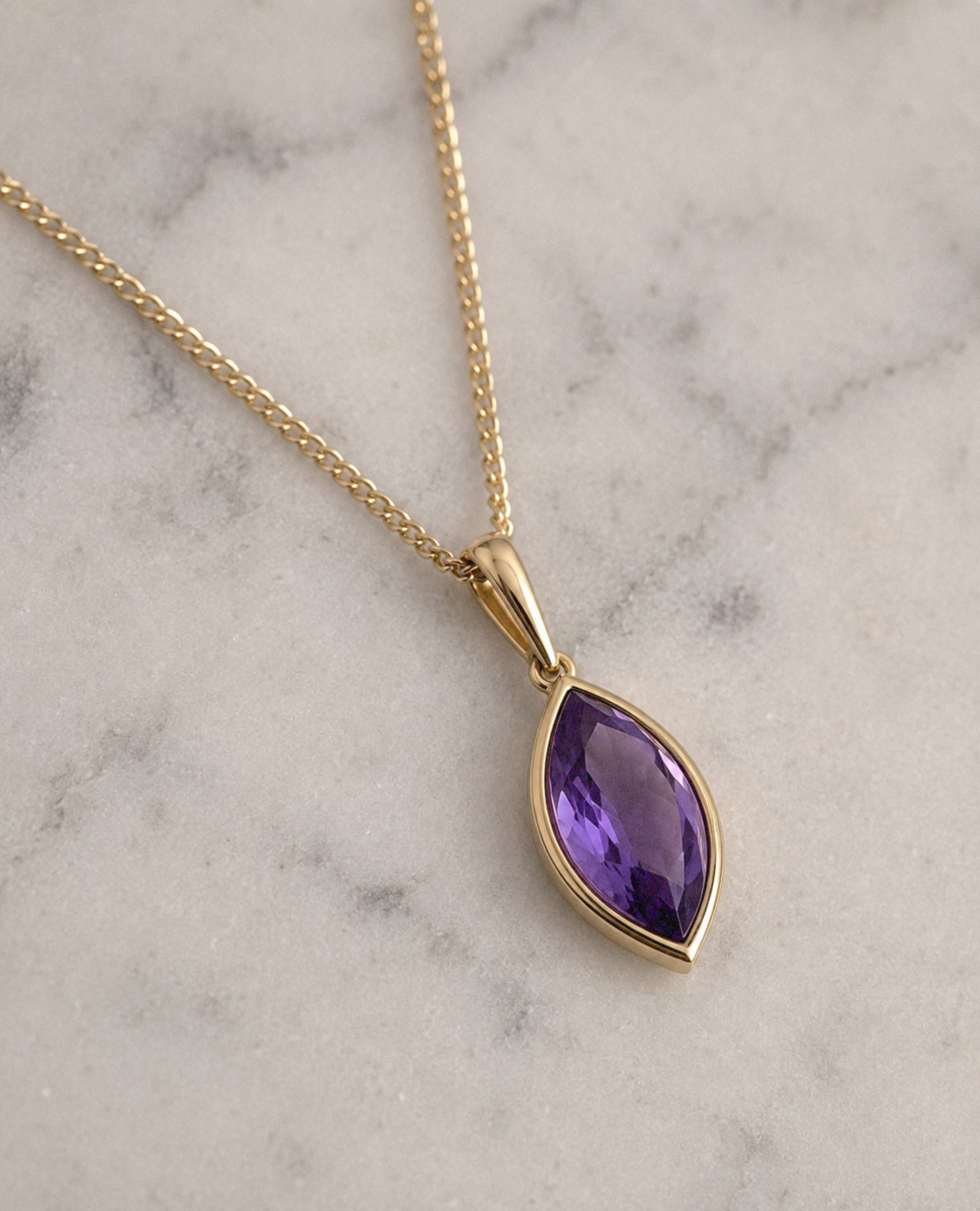9ct Yellow Gold Flame Cut Amethyst Pendant Necklace