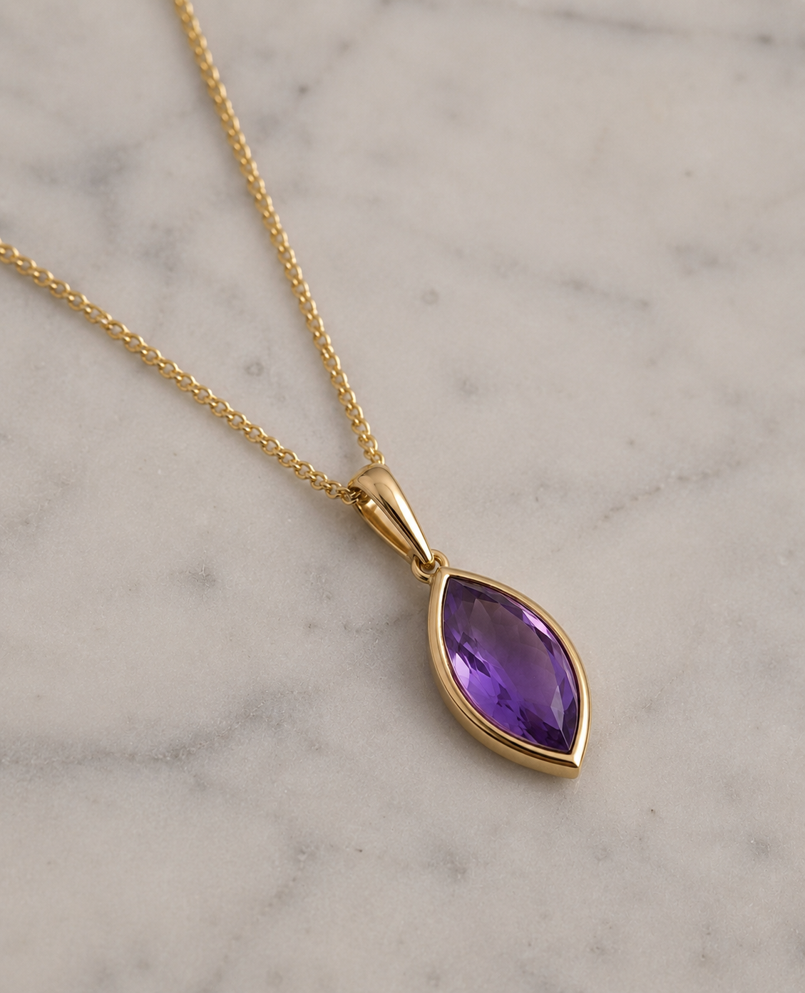 9ct Yellow Gold Flame Cut Amethyst Pendant Necklace