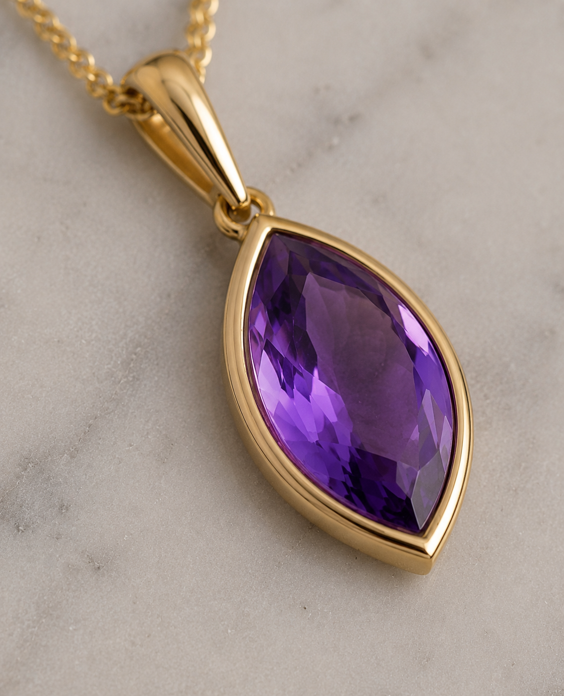 9ct Yellow Gold Flame Cut Amethyst Pendant Necklace