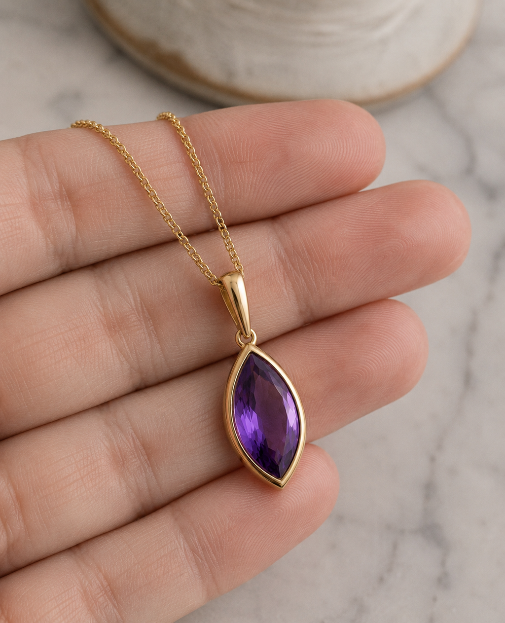 9ct Yellow Gold Flame Cut Amethyst Pendant Necklace