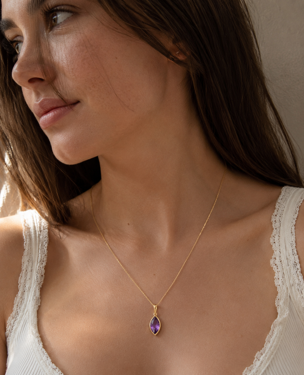 9ct Yellow Gold Flame Cut Amethyst Pendant Necklace