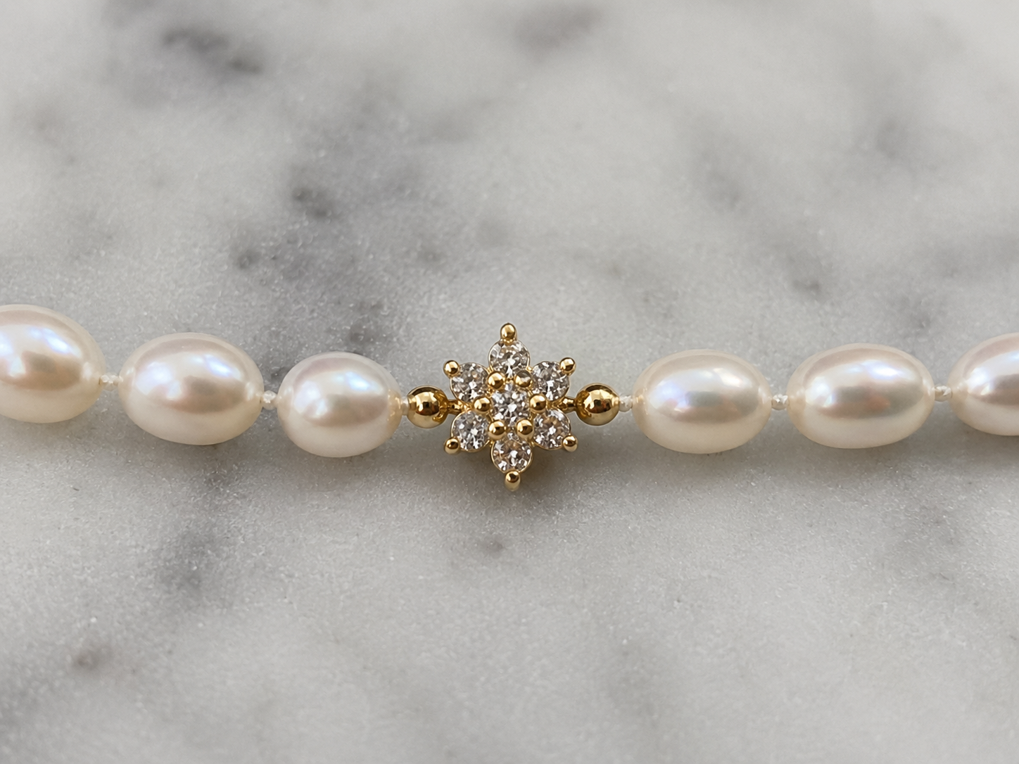 9ct Yellow Gold Freshwater Pearl & Diamond Flower Necklace