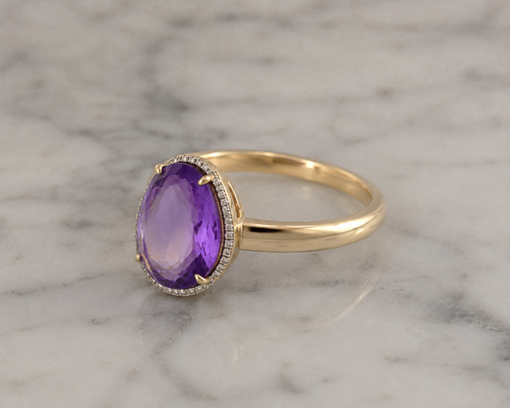 9ct Yellow Gold Irregular Amethyst Ring with Diamond Surround