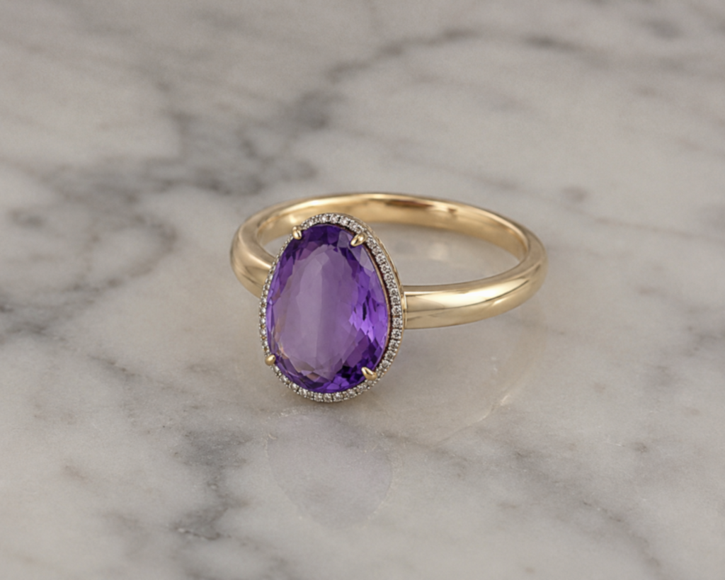 9ct Yellow Gold Irregular Amethyst Ring with Diamond Surround