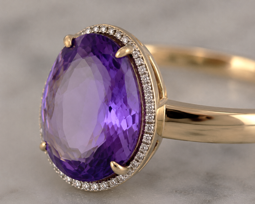 9ct Yellow Gold Irregular Amethyst Ring with Diamond Surround