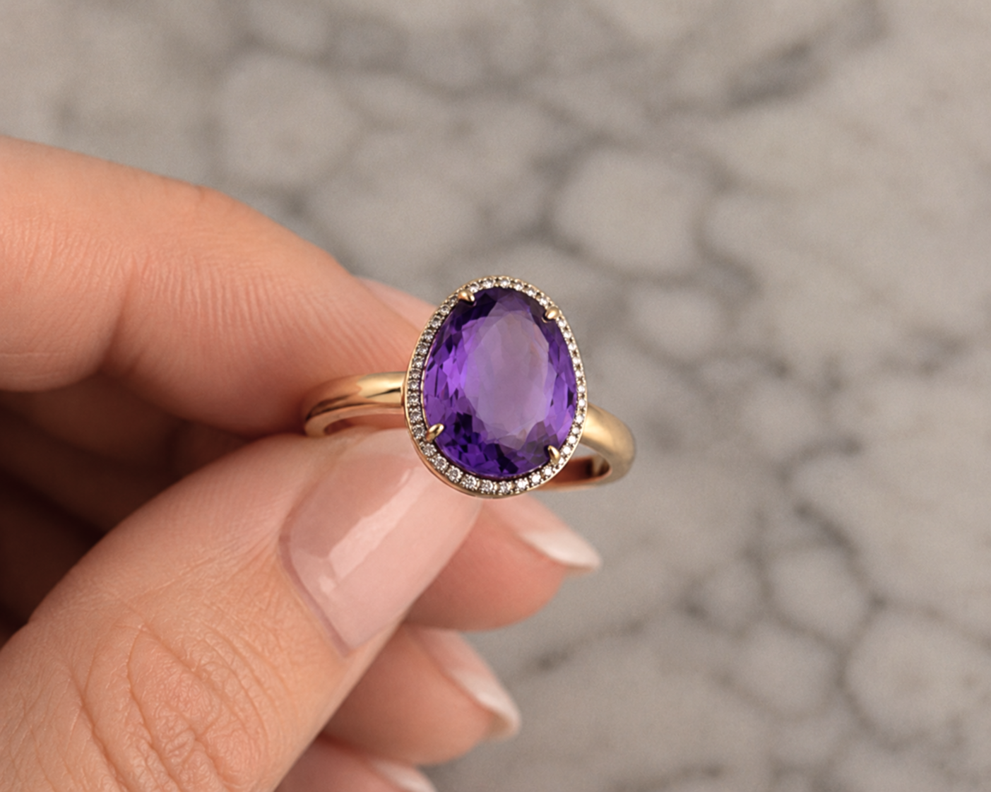 9ct Yellow Gold Irregular Amethyst Ring with Diamond Surround