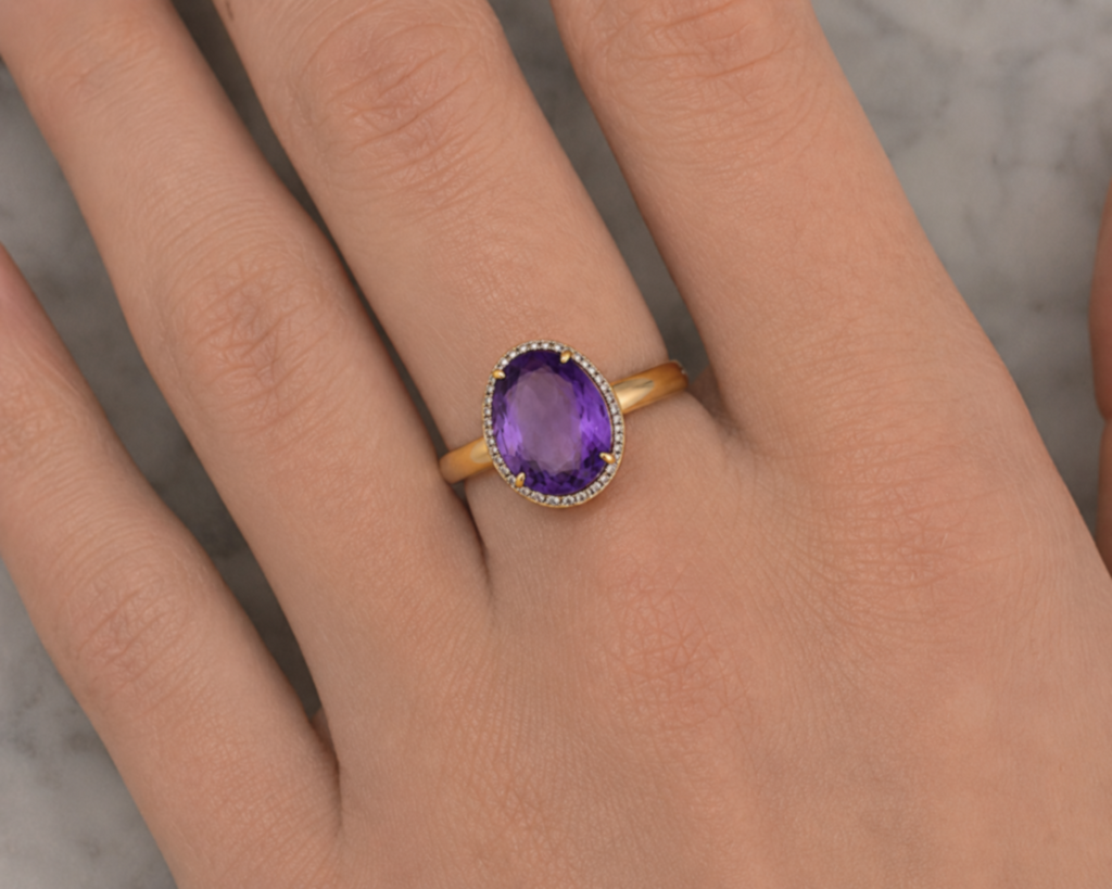 9ct Yellow Gold Irregular Amethyst Ring with Diamond Surround