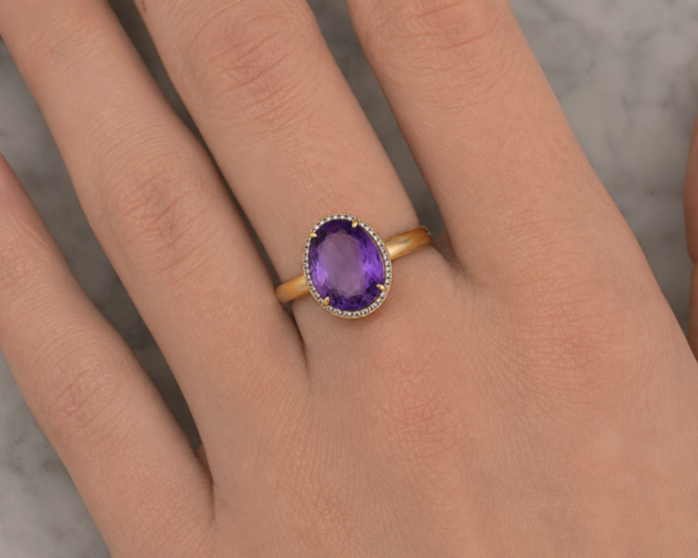 9ct Yellow Gold Irregular Amethyst Ring with Diamond Surround