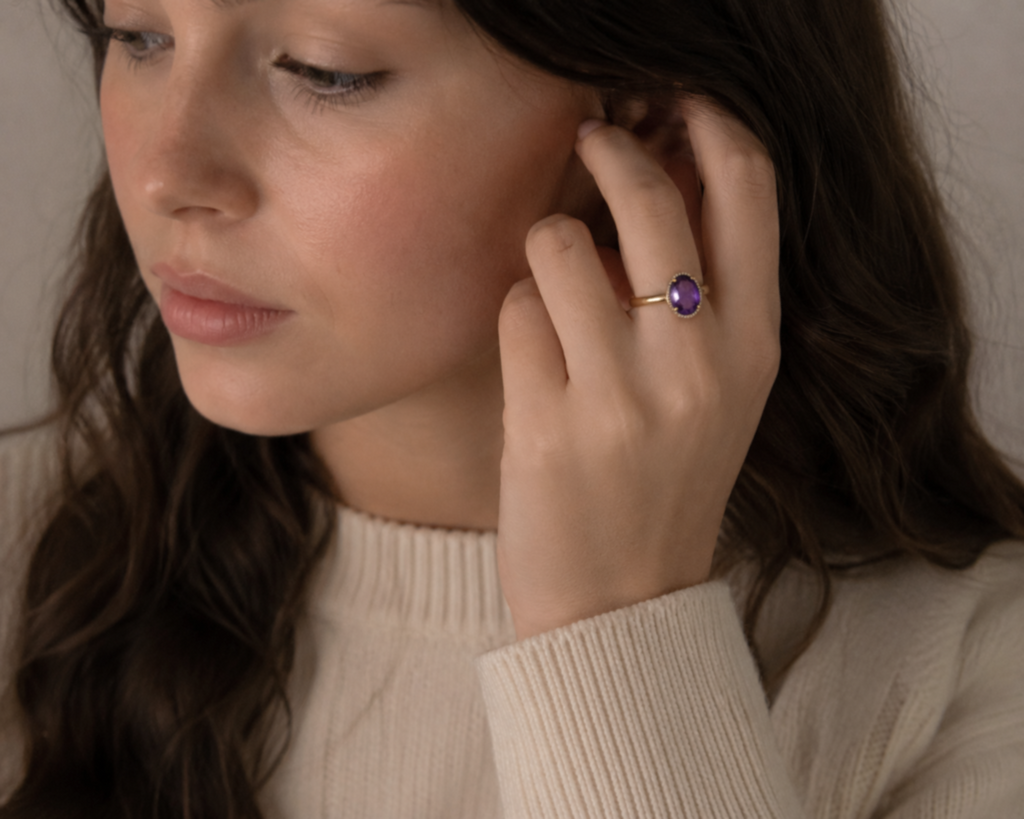 9ct Yellow Gold Irregular Amethyst Ring with Diamond Surround