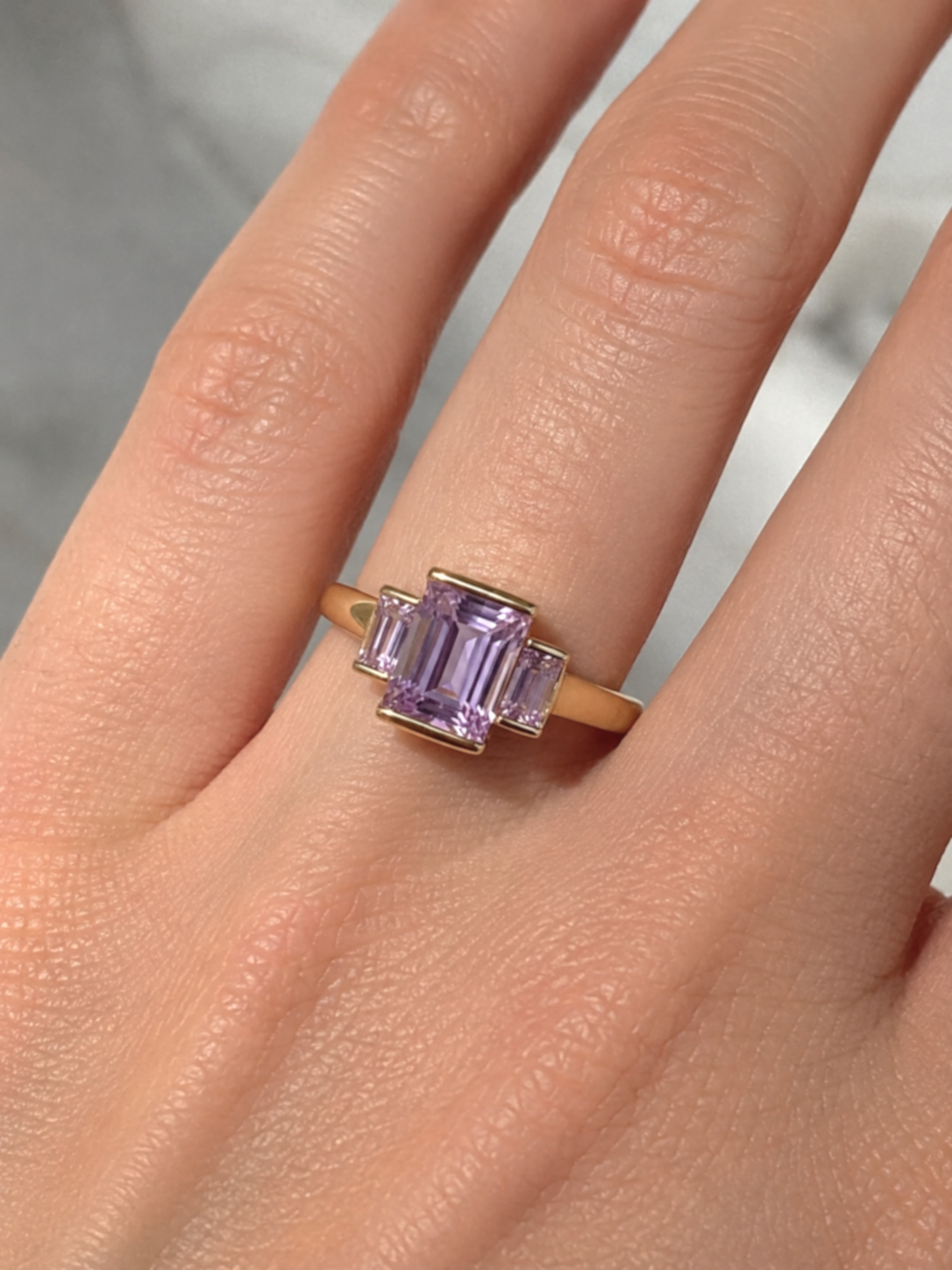 9ct Yellow Gold Trilogy Rose de France Amethyst Ring