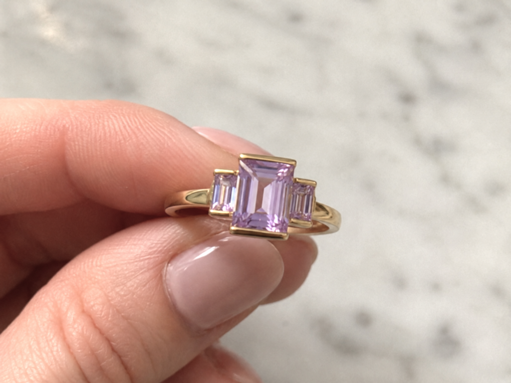 9ct Yellow Gold Trilogy Rose de France Amethyst Ring