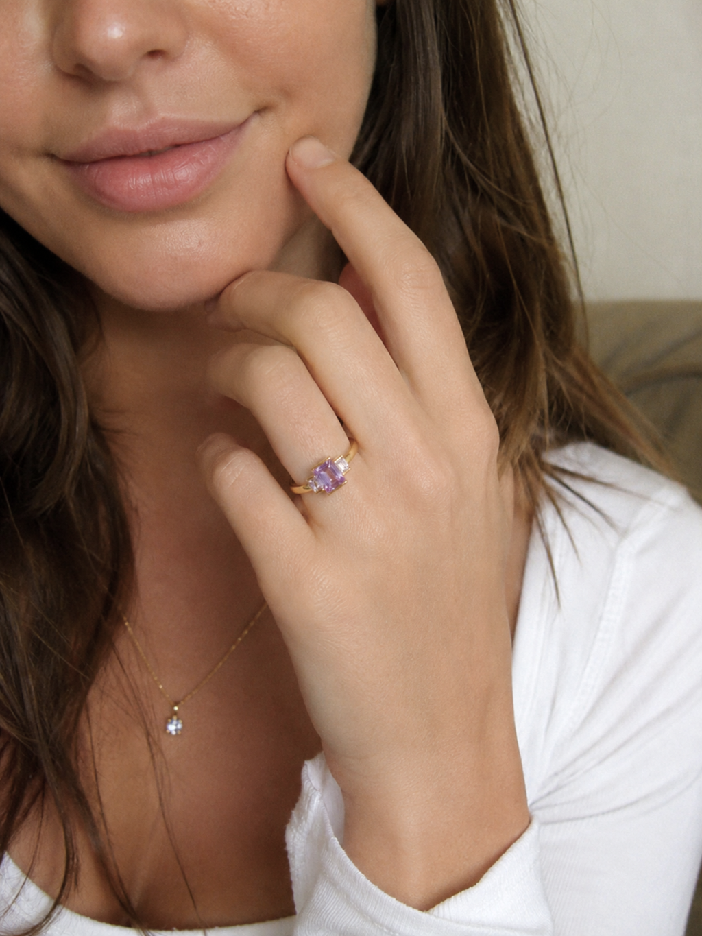 9ct Yellow Gold Trilogy Rose de France Amethyst Ring