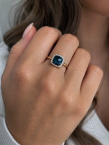 Checkerboard London Blue Topaz & Diamond Ring in 9ct Gold