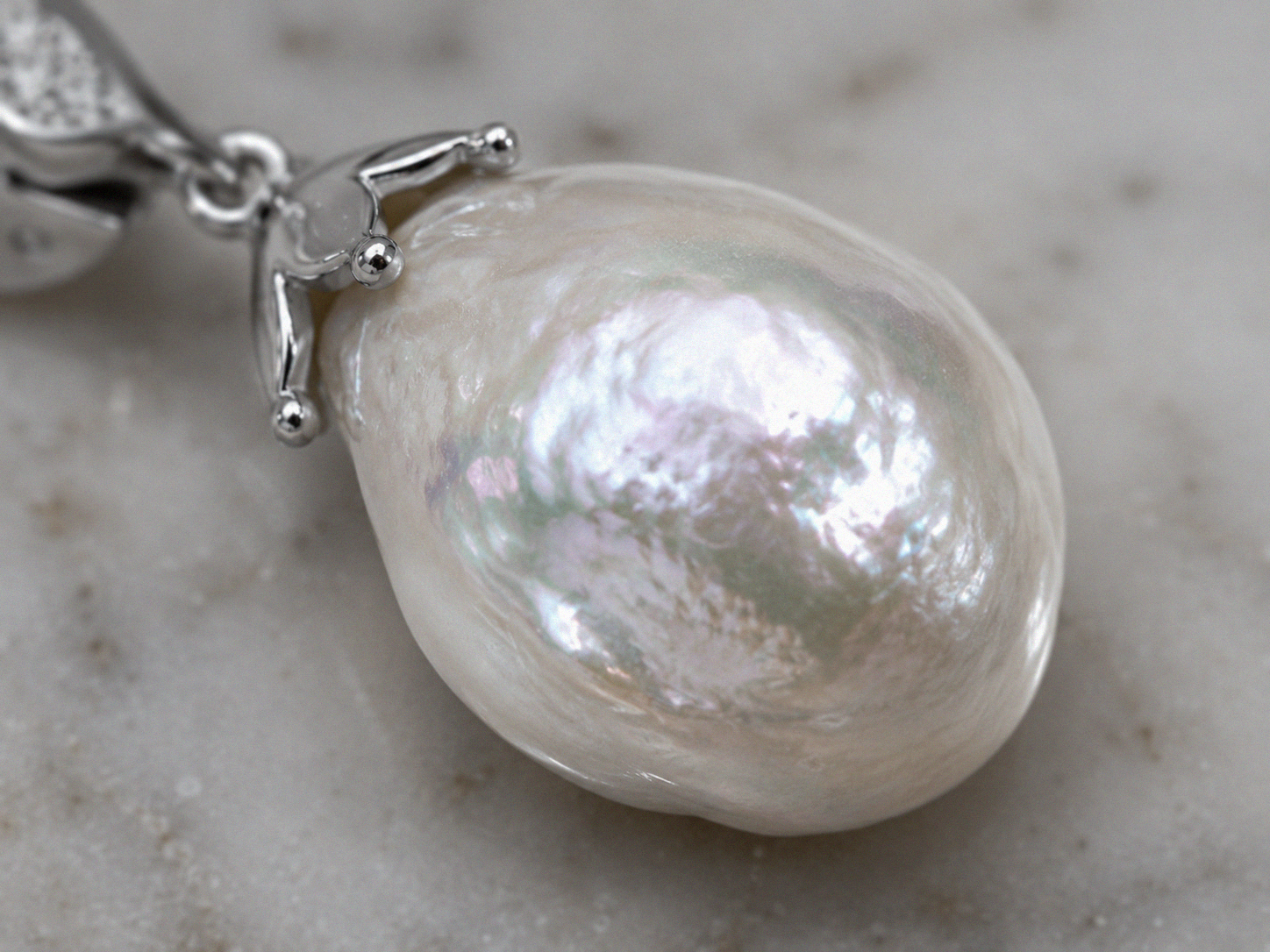 9ct White Gold Baroque Pearl & White Topaz Drop Earrings