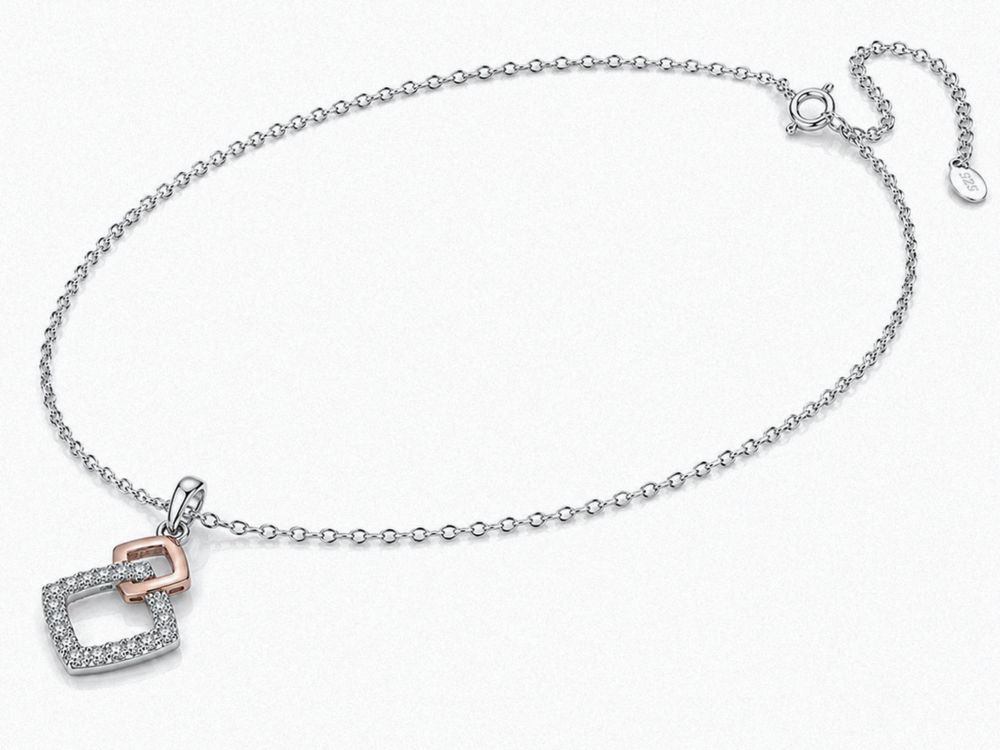 Sterling Silver Two-Tone Cubic Zirconia Square Pendant Necklace