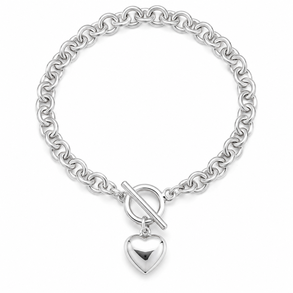 Sterling Silver Puff Heart T-Bar Chain Bracelet