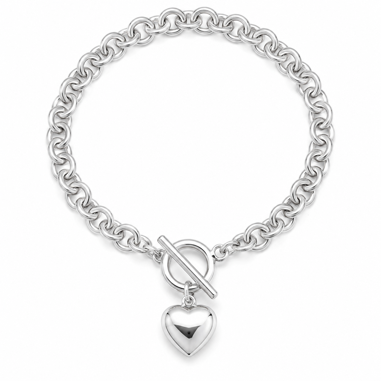 Sterling Silver Puff Heart T-Bar Chain Bracelet