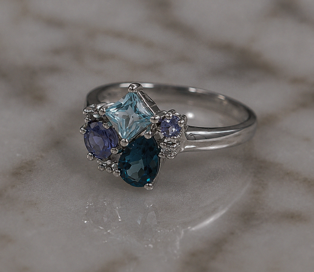 9ct White Gold Blue Topaz, Iolite & Diamond Cluster Ring
