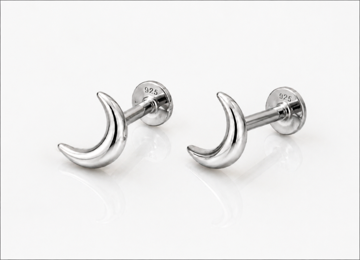 Sterling Silver Crescent Moon Labret Stud Earrings – Pair