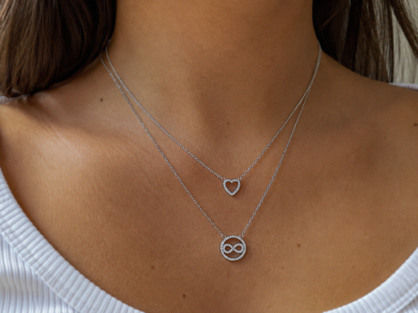 Sterling Silver CZ Heart & Infinity Layered Necklace