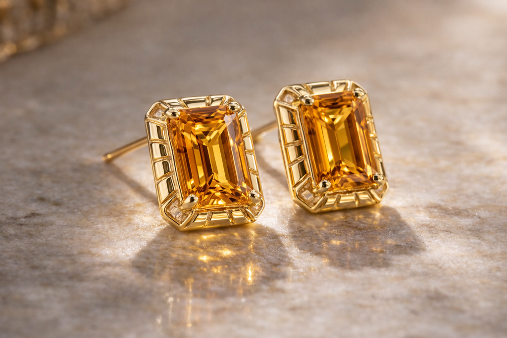 Detailed Octagon Citrine Stud Earrings in 9ct Yellow Gold