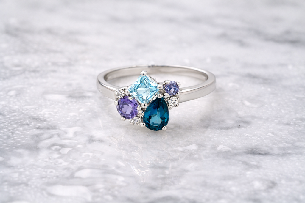 9ct White Gold Blue Topaz, Iolite & Diamond Cluster Ring