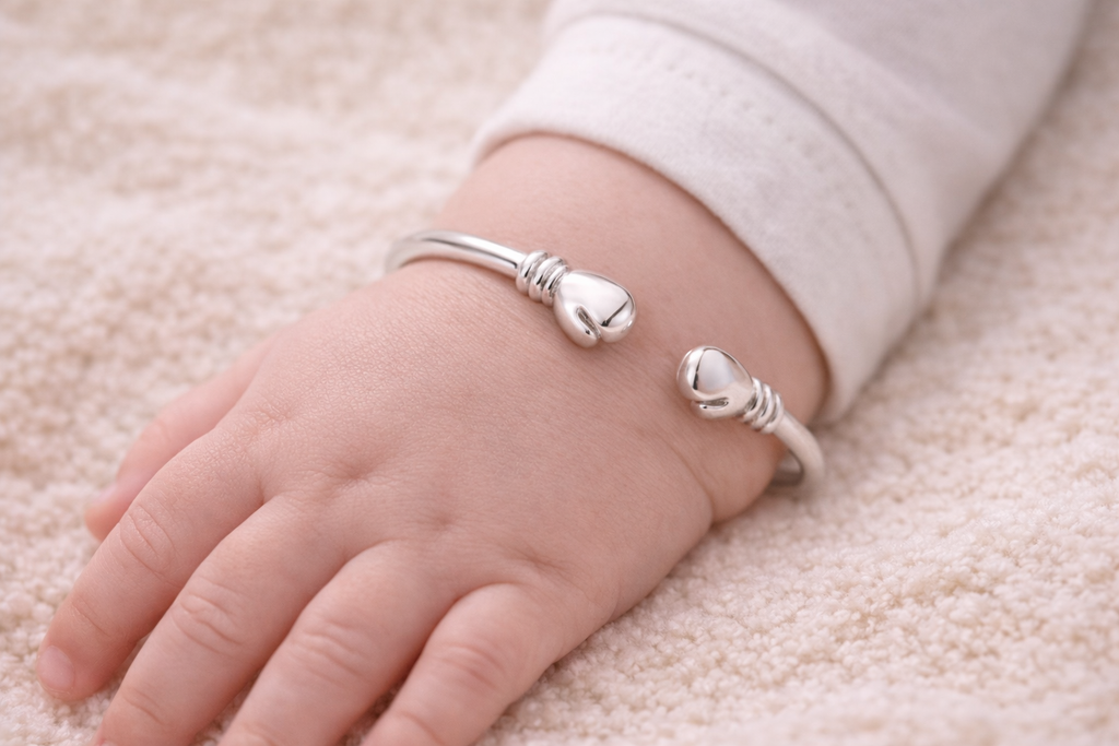 Sterling Silver “Future Champion” Baby Boxing Glove Bangle