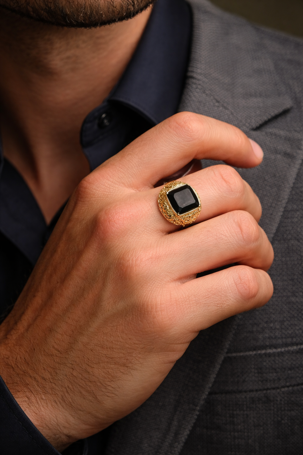 9ct Yellow Gold Cushion-Cut Black Onyx Signet Ring – Classic Gents Statement