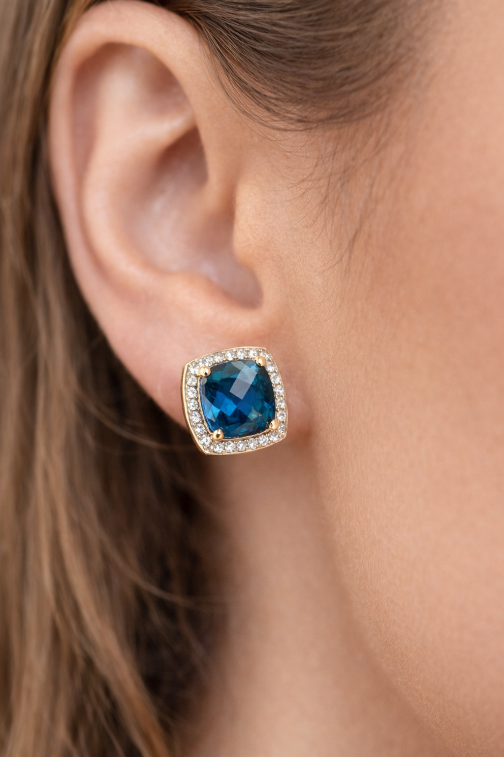 London Blue Topaz & Diamond Earrings in 9ct Gold.