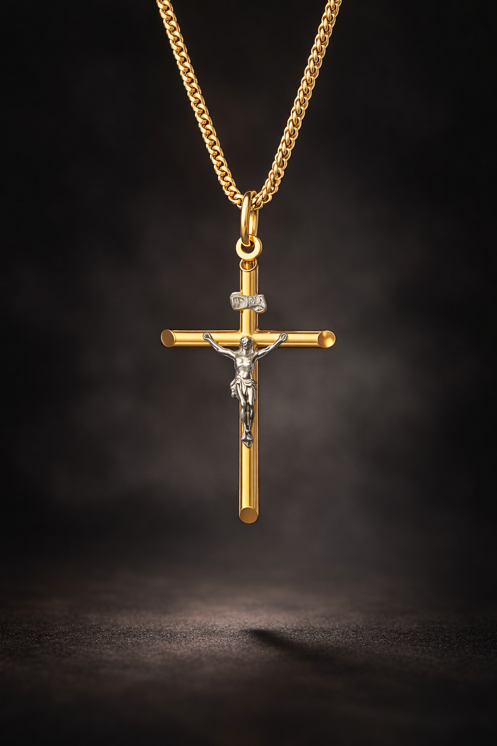 9ct Yellow & White Gold Crucifix Pendant with 9ct Spiga Chain