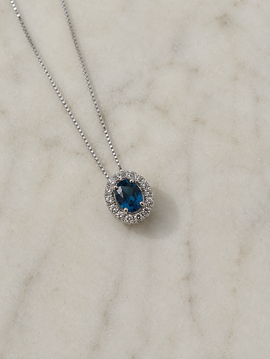 Blue Sapphire & Diamond Cluster Pendant in 9ct White Gold