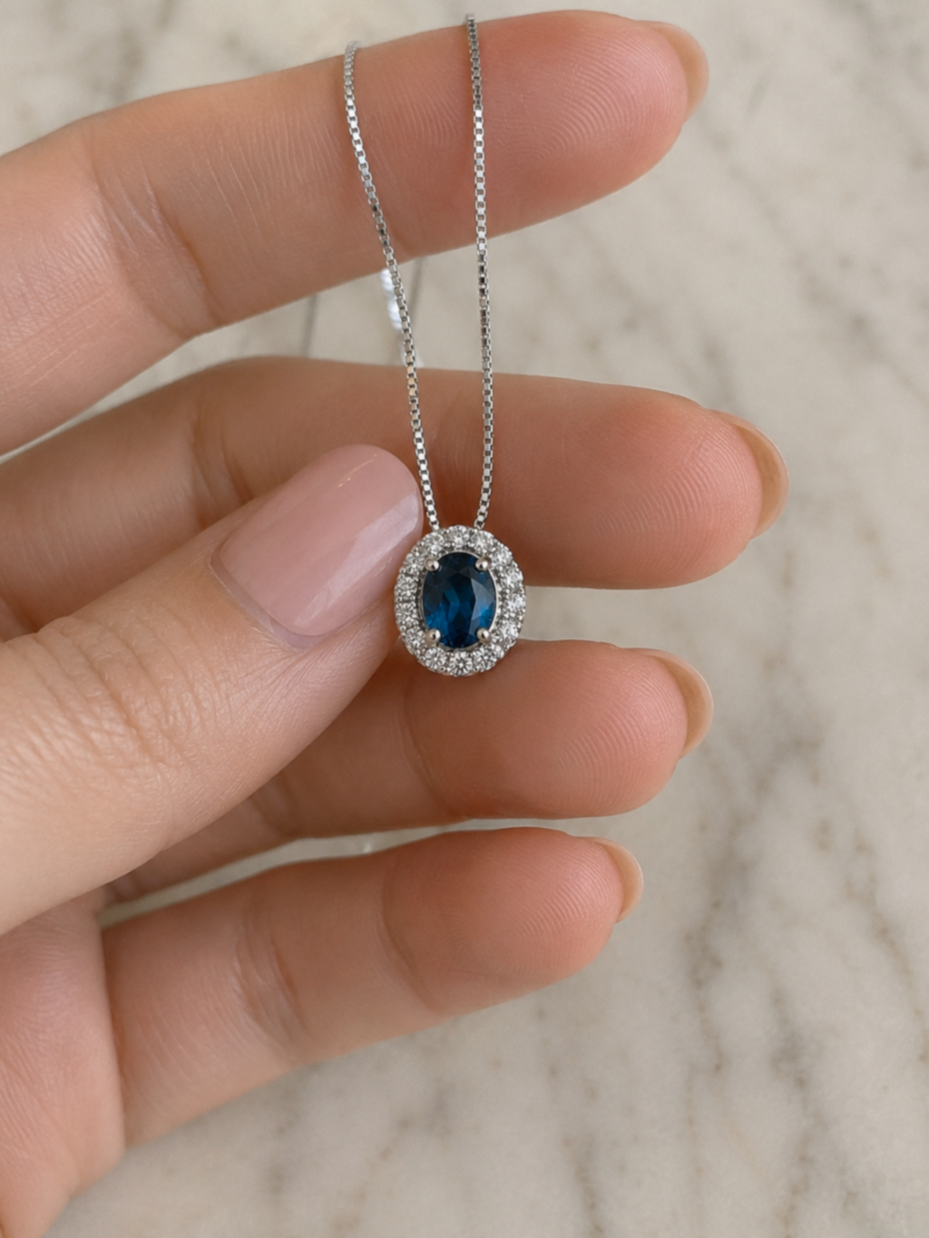 Blue Sapphire & Diamond Cluster Pendant in 9ct White Gold