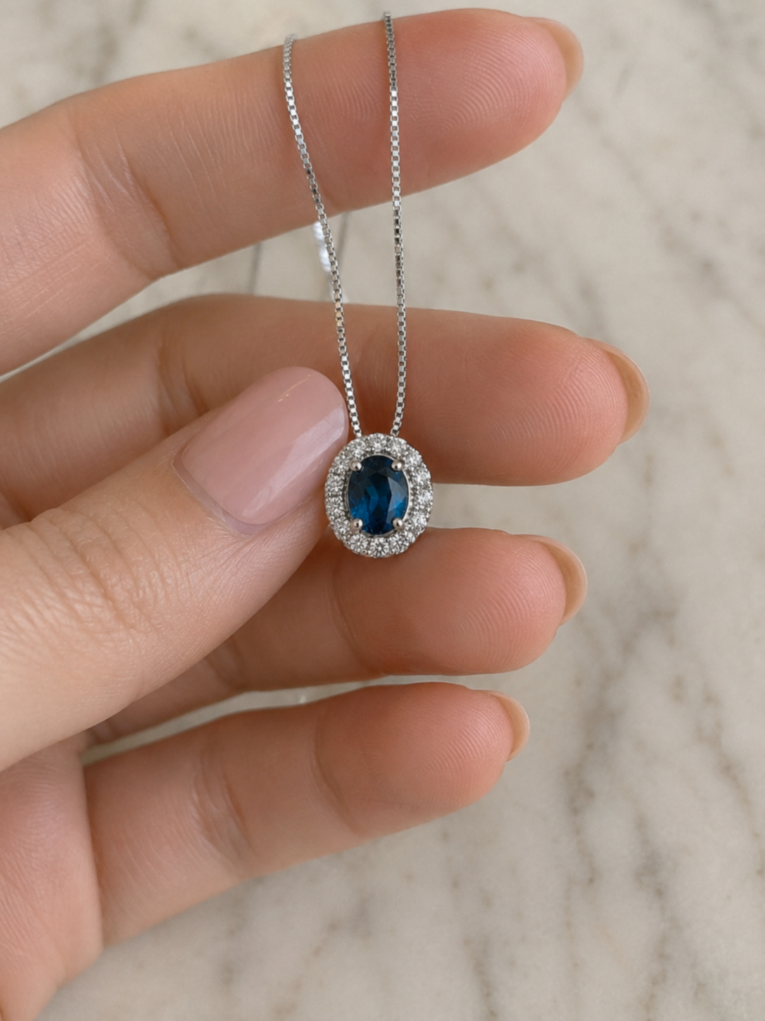 Blue Sapphire & Diamond Cluster Pendant in 9ct White Gold