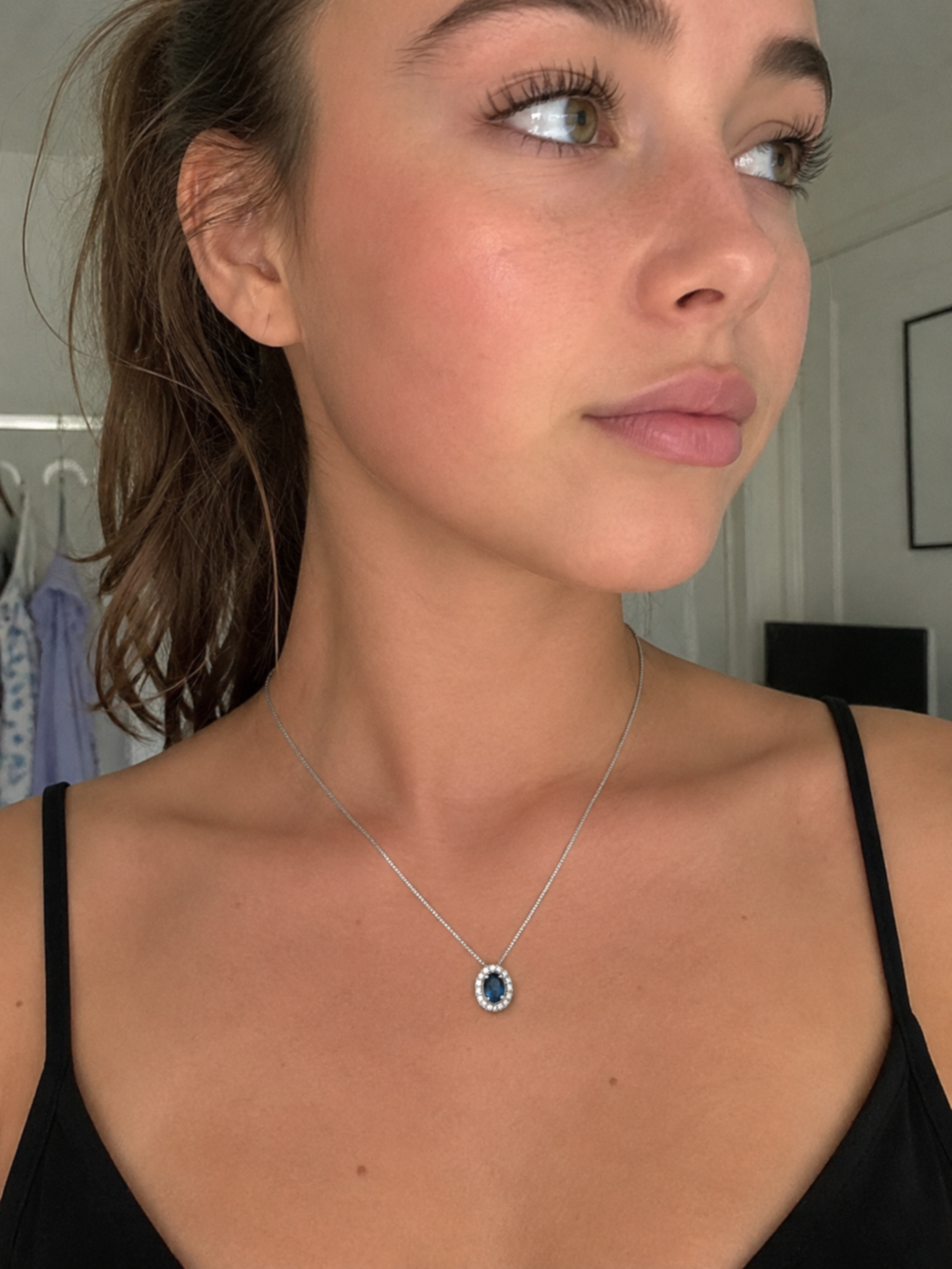 Blue Sapphire & Diamond Cluster Pendant in 9ct White Gold