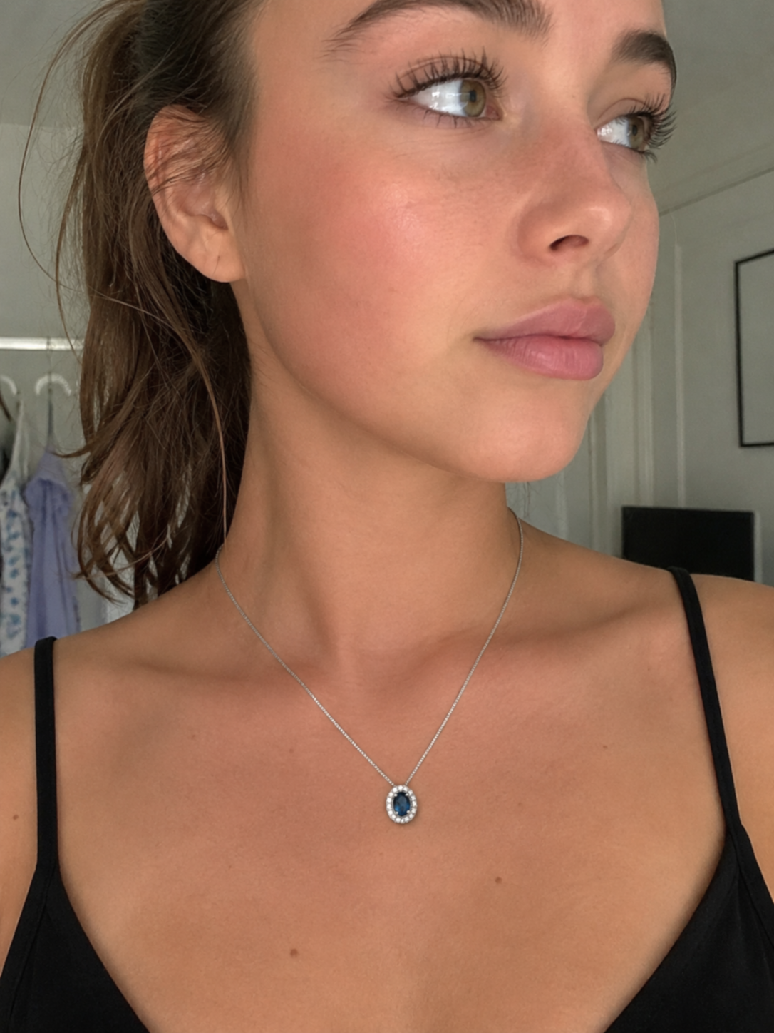 Blue Sapphire & Diamond Cluster Pendant in 9ct White Gold
