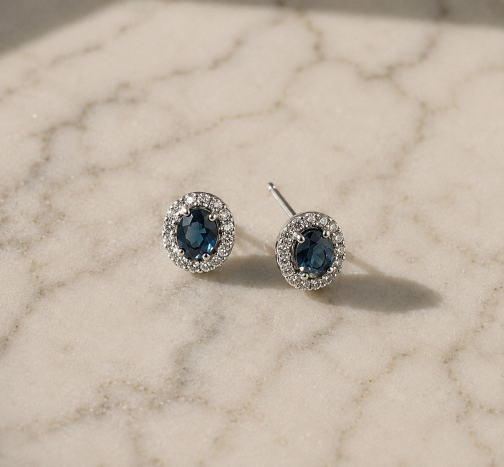 Blue Sapphire & Diamond Cluster Stud Earrings in 9ct White Gold