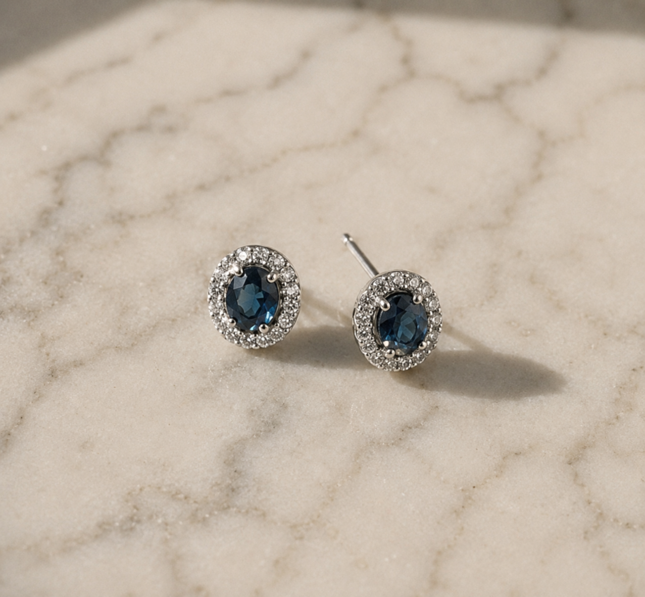 Blue Sapphire & Diamond Cluster Stud Earrings in 9ct White Gold