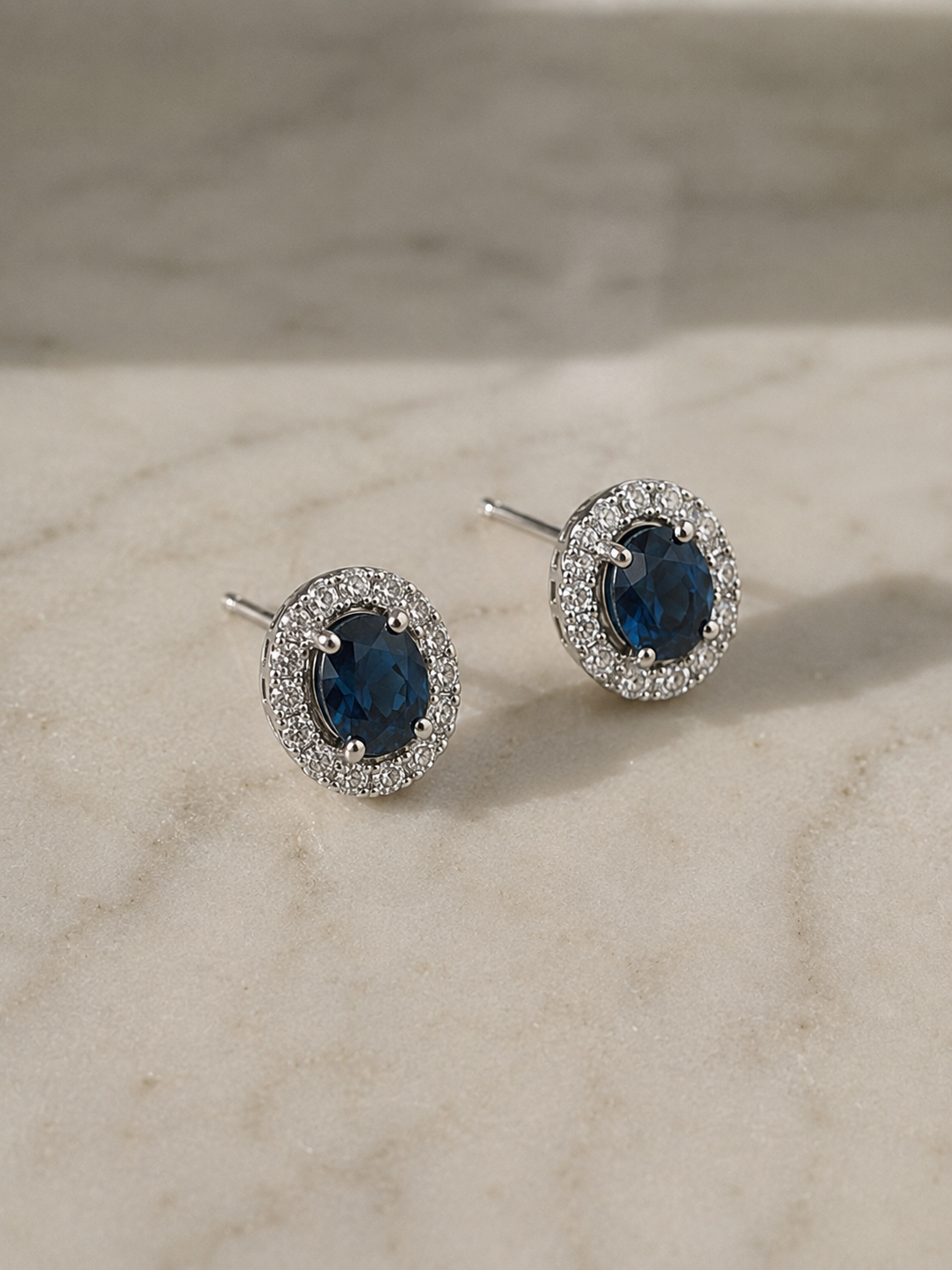 Blue Sapphire & Diamond Cluster Stud Earrings in 9ct White Gold