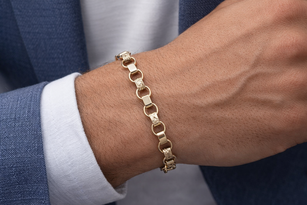 9ct Yellow Gold Engraved & Plain Belcher Bracelet