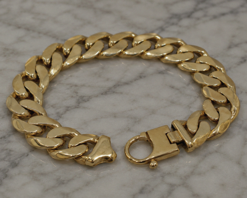 9ct Yellow Gold Heavy Flat Curb Bracelet (94g) 17mm Statement Piece