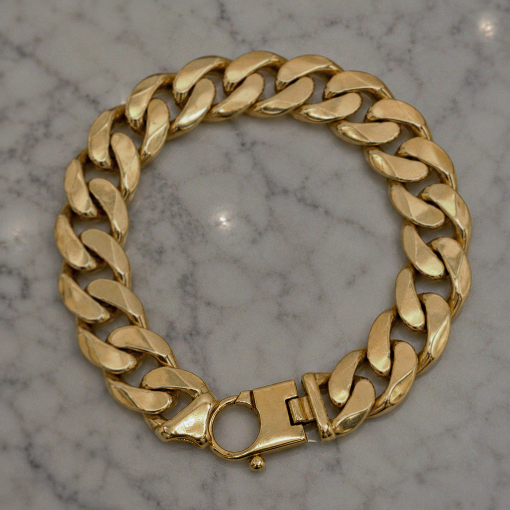 9ct Yellow Gold Heavy Flat Curb Bracelet (94g) 17mm Statement Piece