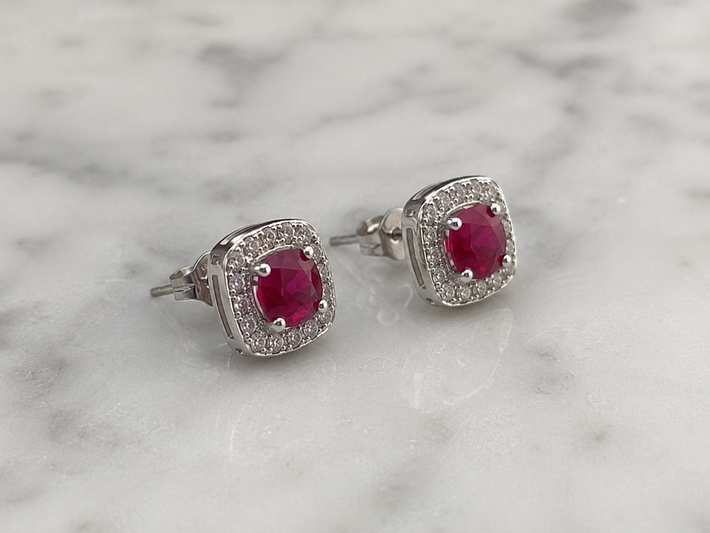 Cushion Cut Ruby & Diamond Halo Stud Earrings in 9ct White Gold