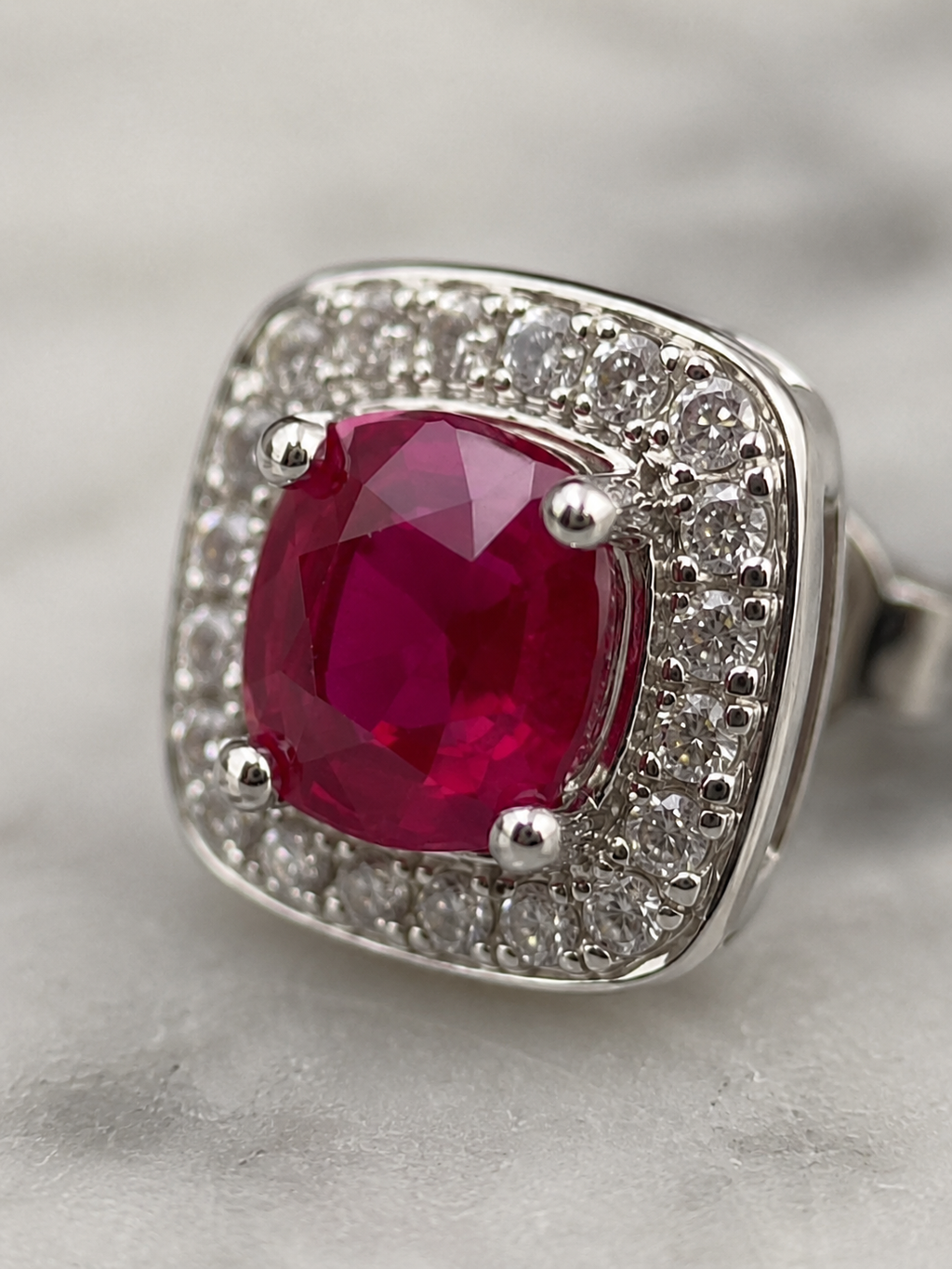 Cushion Cut Ruby & Diamond Halo Stud Earrings in 9ct White Gold