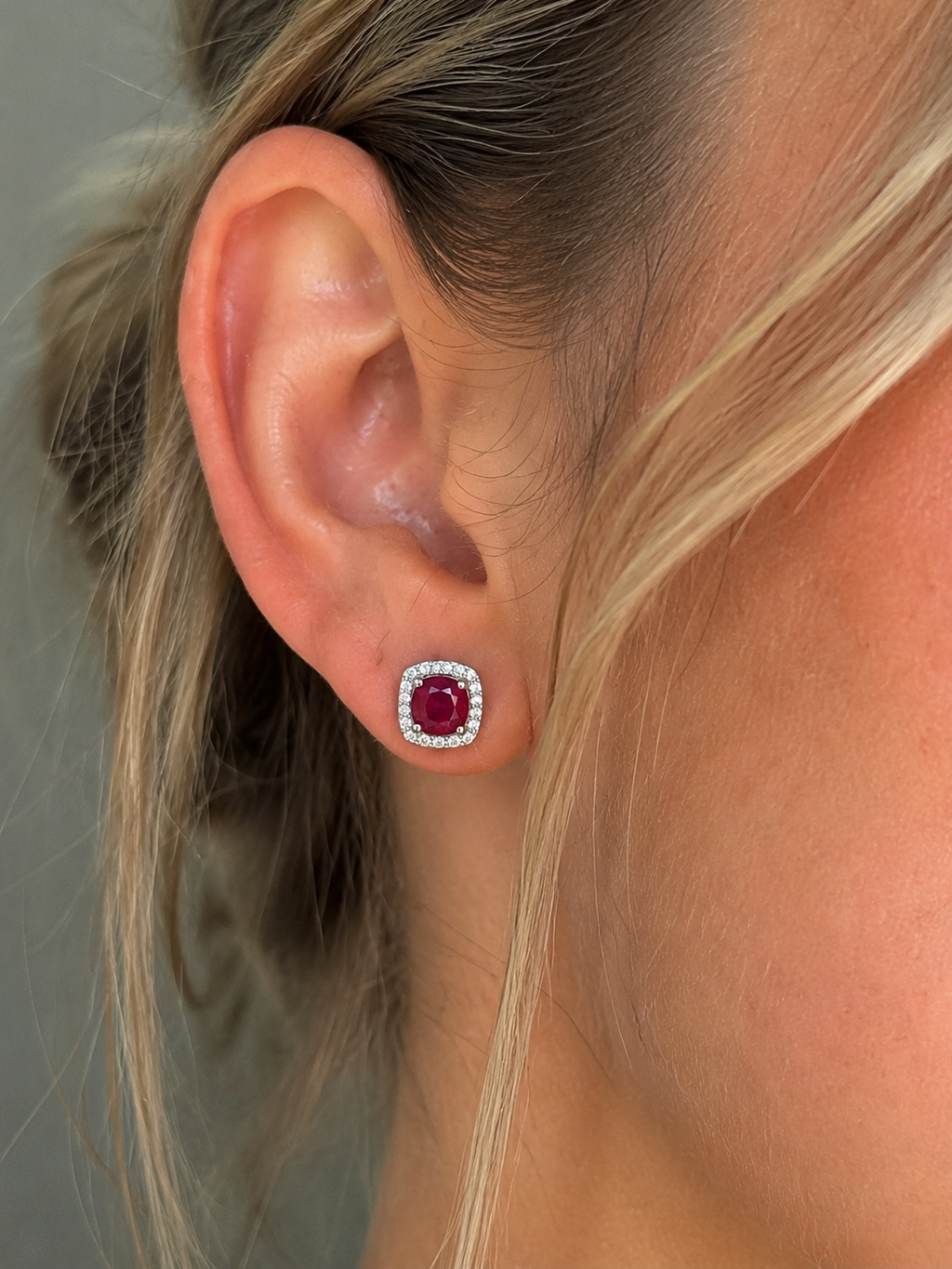 Cushion Cut Ruby & Diamond Halo Stud Earrings in 9ct White Gold