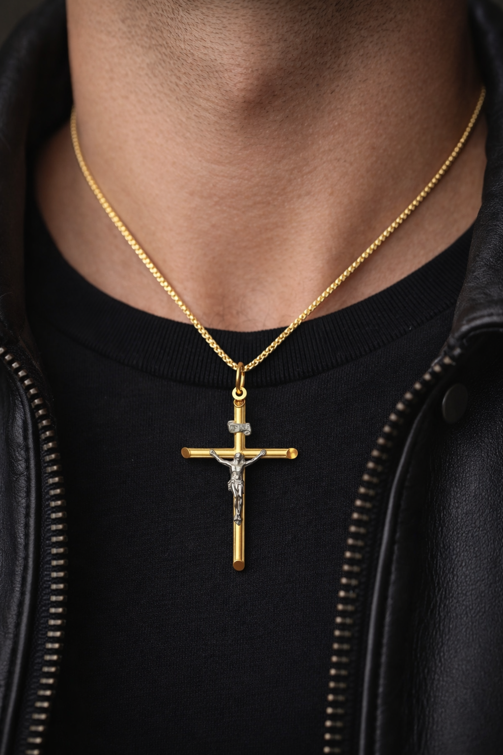 9ct Yellow & White Gold Crucifix Pendant with 9ct Spiga Chain