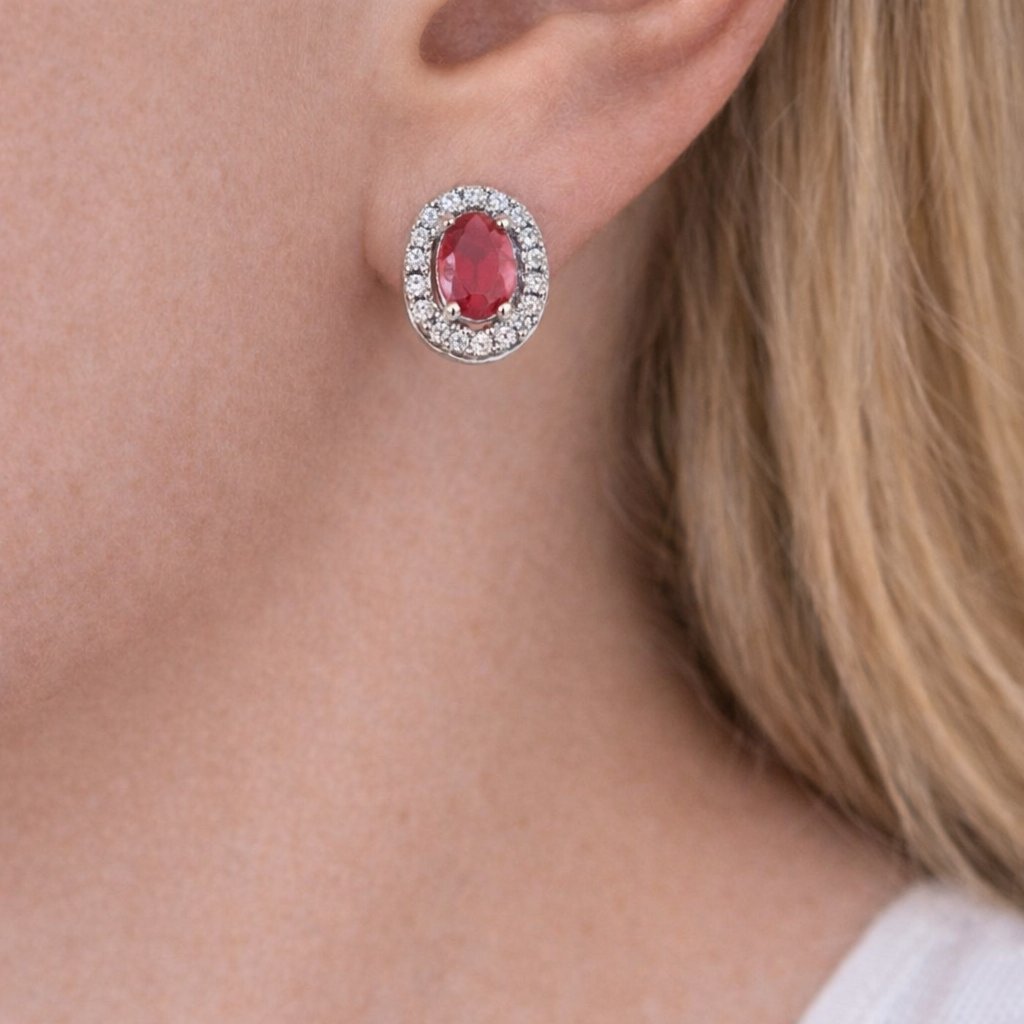 Ruby & Diamond Cluster Stud Earrings in 9ct White Gold