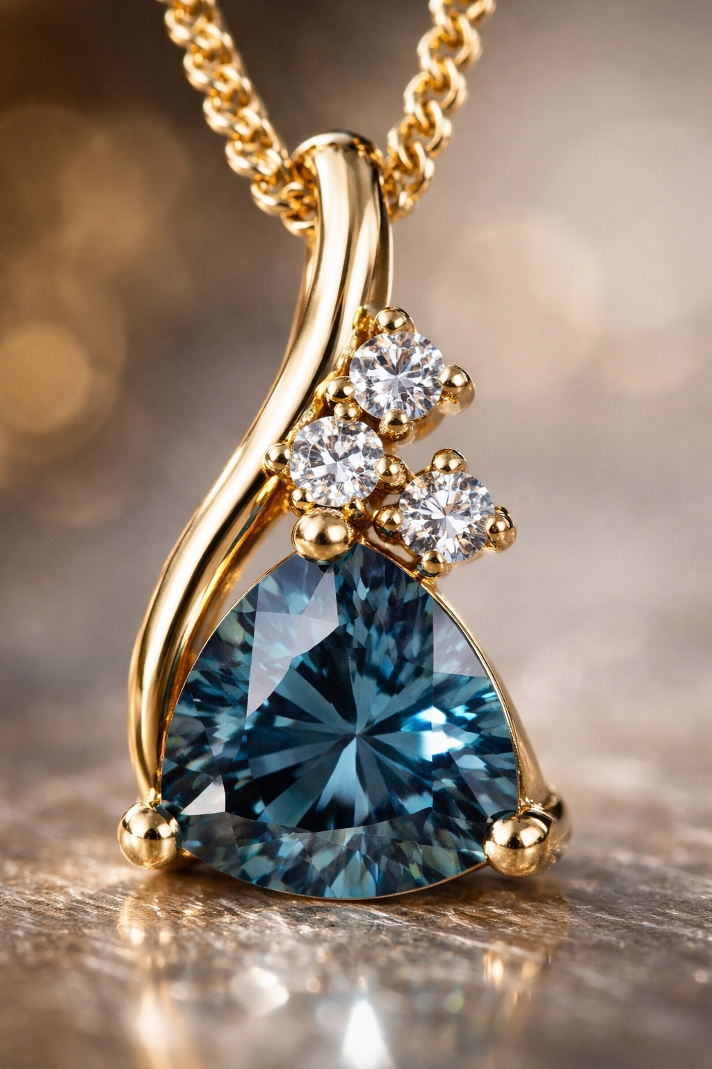 9ct Yellow Gold London Blue Topaz & White Topaz Trillion Pendant