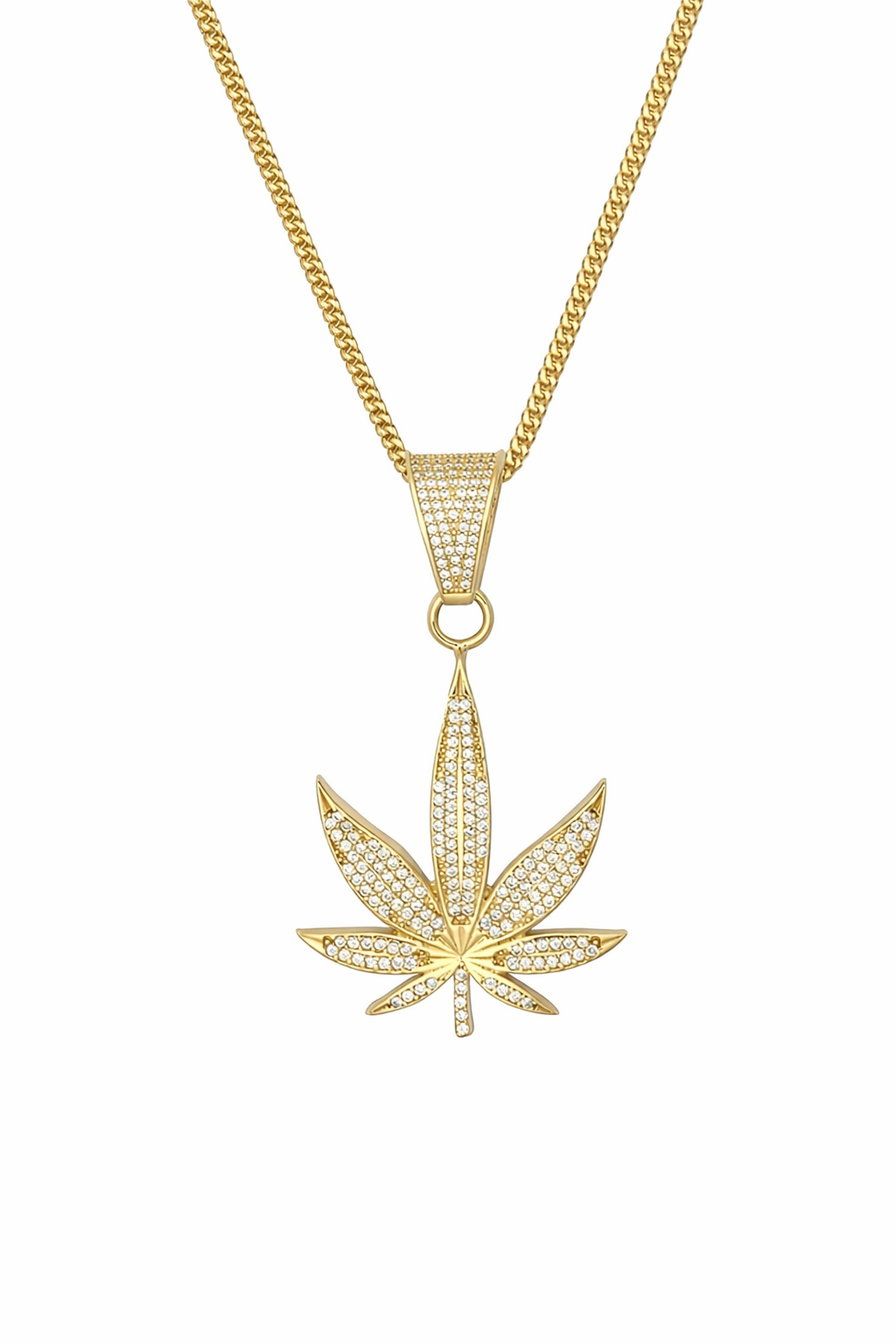 9ct Gold CZ Leaf Necklace with 18ct Diamond Cut Curb Chain