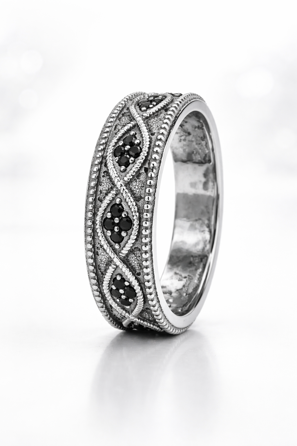 Sterling Silver Black Cubic Zirconia Wave Band Ring.