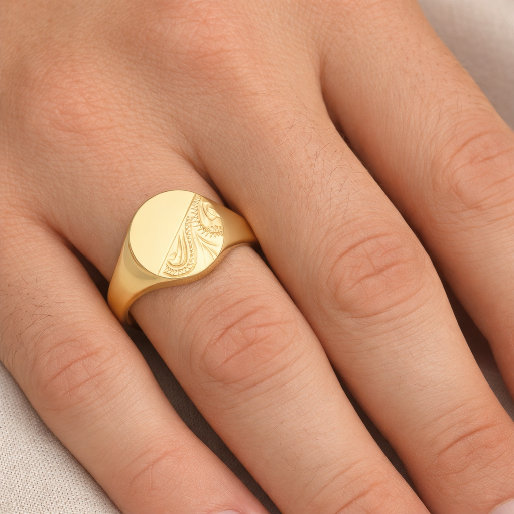 9ct Yellow Gold Engraved Oval Signet Ring